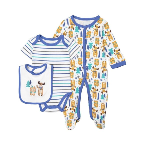 Baby Mode Set ( 3 PC ) Blue Woodland - Sleeper, Bodysuit, and Bib - 6/9  Months - Picture 2 of 3
